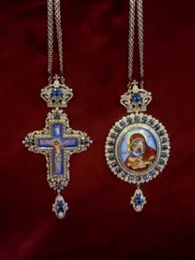 ПАНАГИЈА И НАПРСНИ КРСТ, грчки, сребро, плави